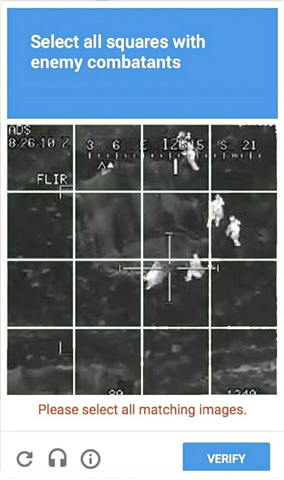 Completing a Google reCAPTCHA to train an artificial intelligence that will help US drones to kill