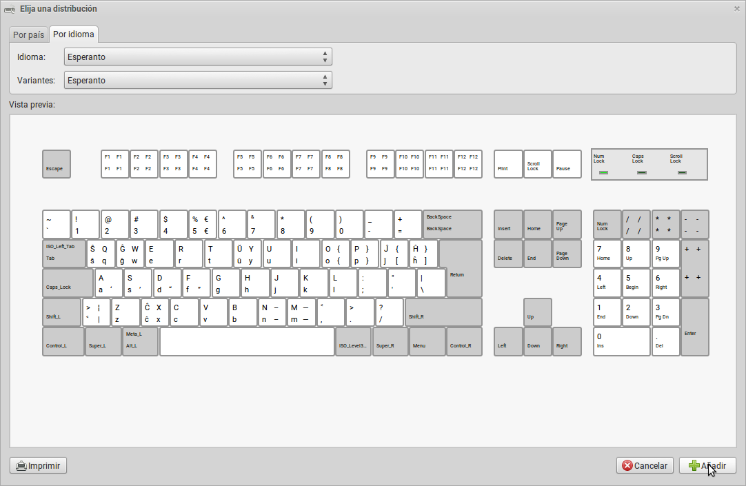 Seleccionando la distribución de teclado de esperanto desde la pestaña de idioma.