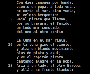 Canción del pirata numerada cada 5 versos
